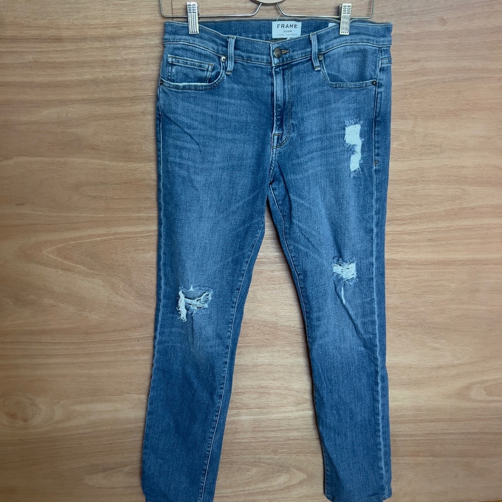 FRAME Denim L'Homme Slim men's jeans 31x32 blue medium wash distressed ripped